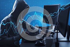 Side view of hacker using computers at desktop with abstract glowing blue business graph hologram on blurry background. Economy,