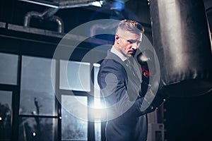 side view of handsome businessman in suit boxing photo