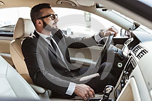 side view of handsome driver in suit