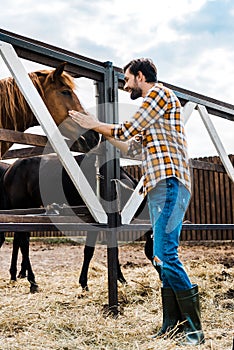 side view of handsome smiling farmer palming horse