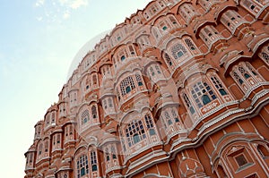 Side view of Hawa Mahal. Hawa Mahal is constructed of red and pink sandstone. The structure was built in 1799 by Maharaja Sawai