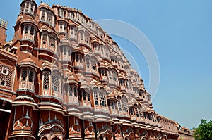 Side view of Hawa Mahal. Hawa Mahal is constructed of red and pink sandstone. The structure was built in 1799 by Maharaja Sawai