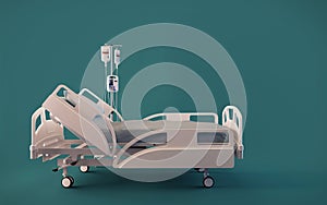 Side view of hospital bed isolated on blue background.Concept for insurance.