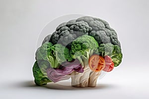 Side view of a human brain made of fresh vegetable on a white background created with generative AI technology