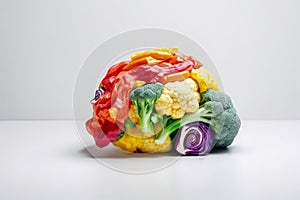 Side view of a human brain made of fresh vegetable on a white background created with generative AI technology