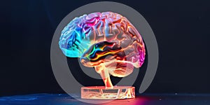 A side view of a human brain model with colorful lighting to emphasize different regions photo