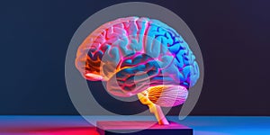 A side view of a human brain model with colorful lighting to emphasize different regions photo