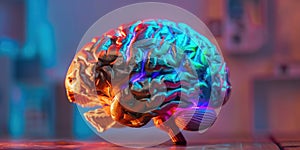 A side view of a human brain model with colorful lighting to emphasize different regions photo