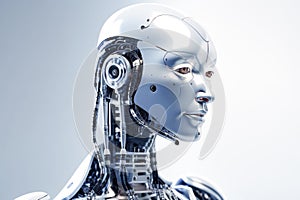 A side view of a humanoid head with a neon neural network, representing futuristic technology and artificial intelligence