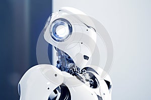 A side view of a humanoid head with a neon neural network, representing futuristic technology and artificial intelligence