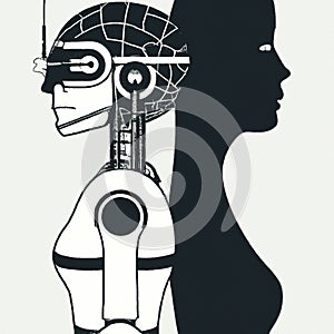 Side view of a humanoid robot and a woman standing back to back. Artificial intelligence concept. AI generated image.