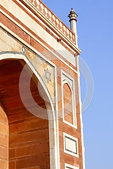 side view of Humayun\'s tomb of Mughal Emperor Humayun designed by Persian architect Mirak Mirza Ghiyas in Delhi,