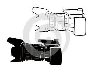 Side view illustration white and black camera vintage icon vector art symbol object isolated.