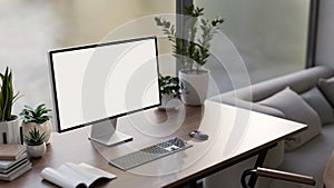 A side view image of a computer desk in a contemporary office or home office, a computer mockup