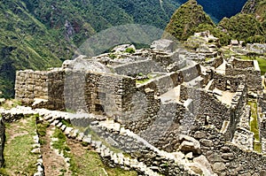 Side view of the Inca archaeological complex of Machu Picchu in the Peruvian Andes, Peru