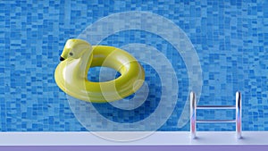 Side view of an inflatable yellow rubber duck in the middle of a swimming pool with summer vacation concept