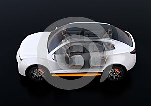 Side view of interior composed Electric SUV car on black background