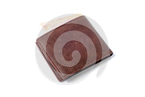 Side view of isolated genuine leather brown with many banknotes on white background. Cash concept