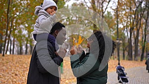 Side view joyful African American mother playing fallen yellow leaves with cheerful son sitting on shoulders of father
