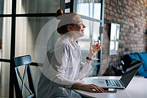 Side view of joyful redhead woman having video call conversation via laptop and drinking champagne