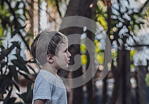 Pagina un bambino sei ragazzo cercando sempre dritto serio triste bianco al di fuori natura. buio Umore 