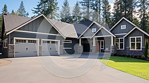 The side view of a large gray craftsman new construction house with a landscaped yard. Generative AI