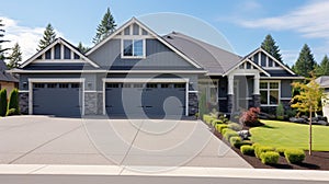 The side view of a large gray craftsman new construction house with a landscaped yard. Generative AI