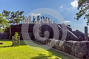 A side view of the largest of the ancient stupa ruins in the Medirigiriya Vatadage in Sri Lanka