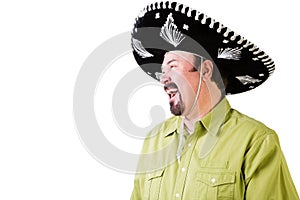 Side view of laughing man in Mexican sombrero hat