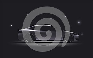 Side view luxury car silhouette on dark background. Glowing electric car silhouette. Vector illustration