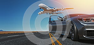 Side view of a luxury sports car and a runway with an airplane behind it, background, sky