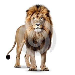 Side view of a male lion, Panthera leo, standing against white background