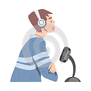 Side View of Man in Headphones Recording Audio Podcast with Microphone in Studio Cartoon Style Vector Illustration