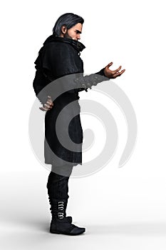 Side view of a man holding his hand out in an urban fantasy style mage pose