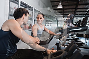 Side view man meeting friend when cardio excercises