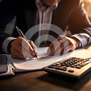 Side view of man\'s hands. He is using his calculator and writing numbers down.