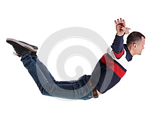 Side view of man in zero gravity or a fall