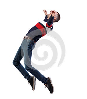 Side view of man in zero gravity or a fall