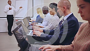 Side view of managers group working at laptops in company office