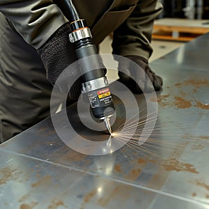 A side view of a mechanic using a deburring tool on a large metal sheet demonstrating its efficiency in industrial settings photo