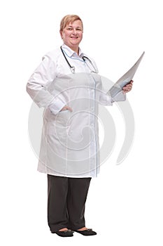 Side view of medical doctor examing x-ray image. Isolated over white background