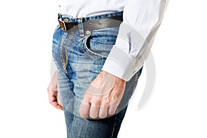 Side view of a men in jeans trousers