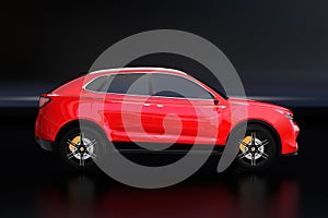 Side view of metallic red Electric SUV concept car isolated on black background
