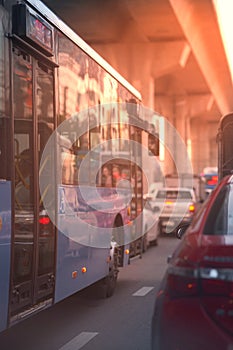 Side view of metro bus on traffic street time with others cars and sun light