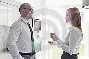 Side view of mid adult business couple talking at home