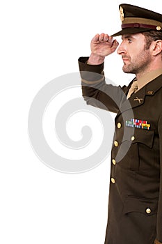 Side view of military officer salutation