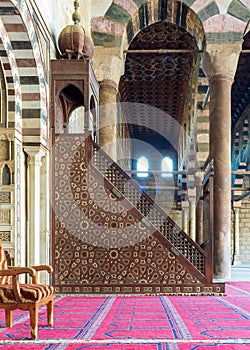 Minbar decorated with arabesque geometrical patterns, historic ibn Qalawun Mosque, Cairo, Egypt photo