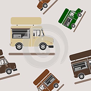 Side View Mobile Food Truck Vector Illustration Seamless Pattern
