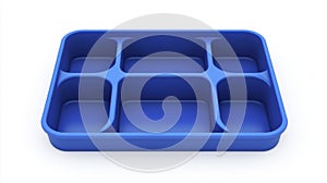 A side view mockup of a blue plastic rectangular lunch tray. A rectangular container for use in a restaurant kitchen. A