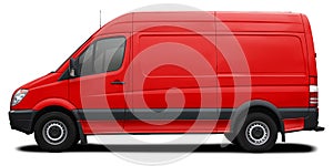 Side view of a modern cargo short-base American minibus in red. Isolated on a white background.